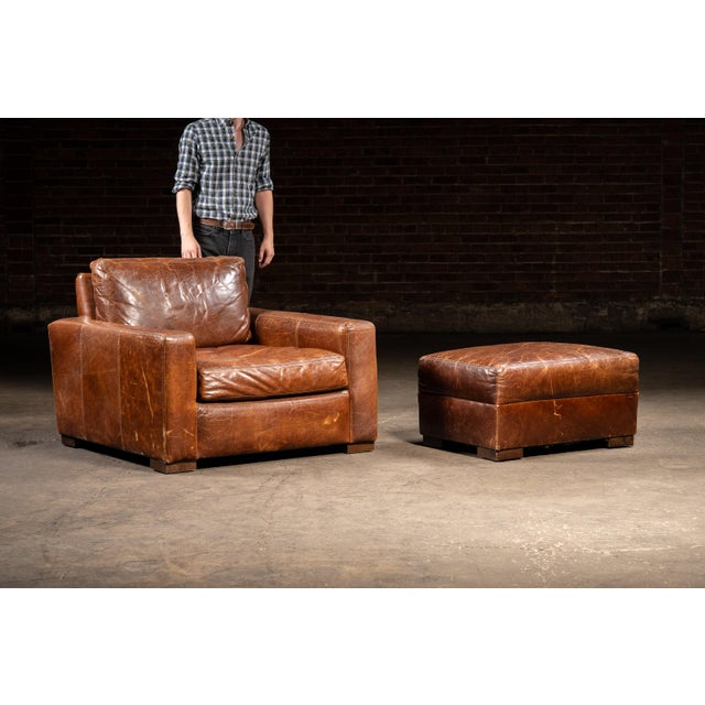 c. 1990s/2000s; Restoration Hardware - Corte Madera, CA Substantial leather club chair and ottoman by Restoration...