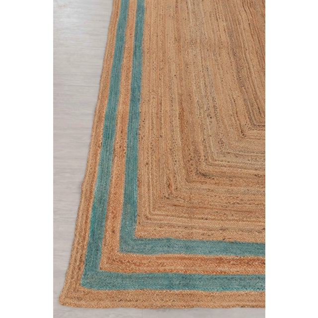 Gold Turquoise Blue Double Border Rectangle Jute Handmade Rug 2'x3' Ft. For Sale - Image 8 of 12