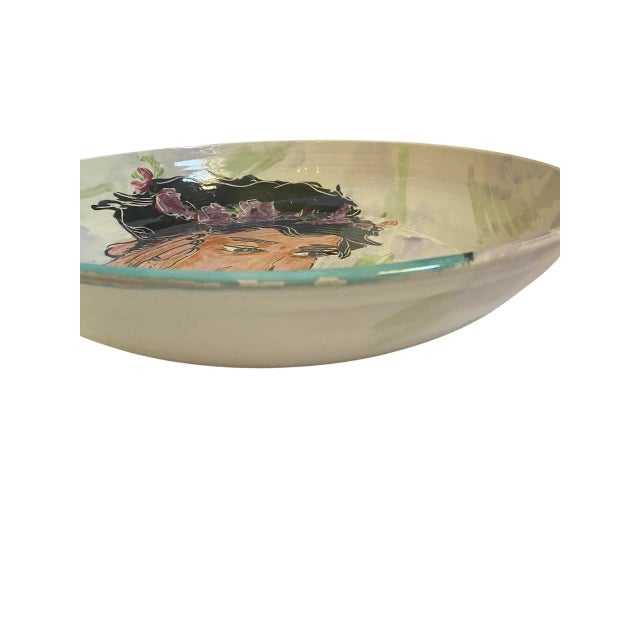 Extra Large Vintage Decorative Glazed Pottery Bowl Depicting a Woman With Floral Crown, Signed Spirt Circa 1990’s For Sale - Image 9 of 11