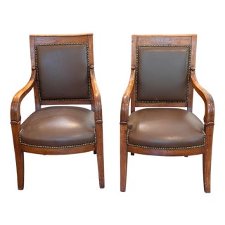 Pair of 19th Century French Fauteuils With Leather Upholstery For Sale
