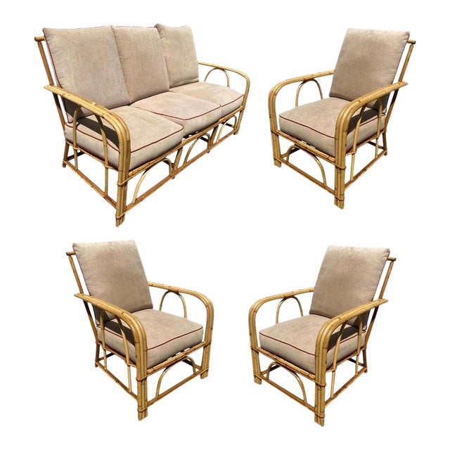 "1949er" Rattan Sofa Livingroom Set with 3 Lounge Chairs by Heywood