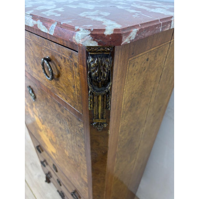 French Louis XVI Style Burl Wood Secretary Chest with Marble Top, 1930s For Sale - Image 11 of 16