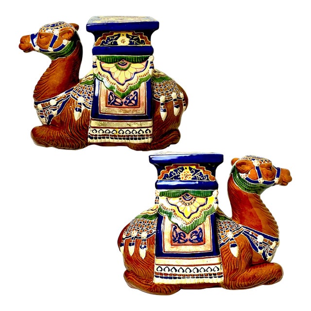 This fabulous and rare pair of Moorish style vintage ceramic Camel garden seats/tables/plant stands are perfect as accents...