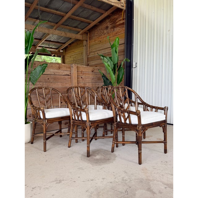Vintage McGuire M-74 “Arrow Back” Rattan Dining Arm Chairs by Elinor McGuire, Set of Six For Sale - Image 11 of 12
