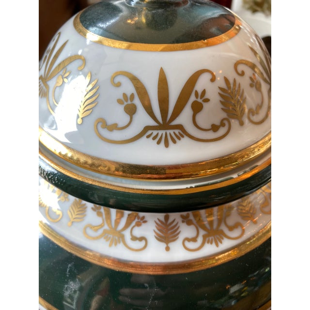 Beautiful Gold Etch Urns with Lids in Green and White with Gold Designs . Great Mantle Pieces or Dining Room or any room...
