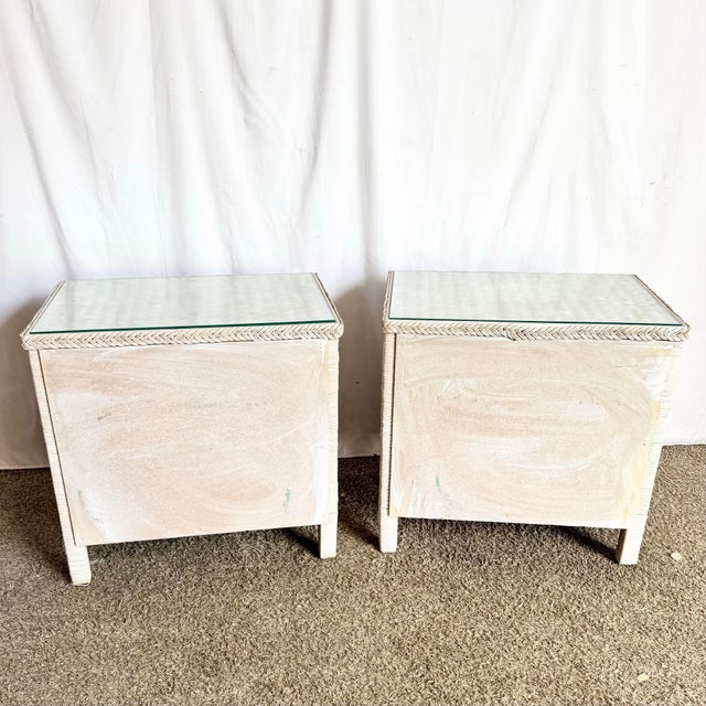 Vintage Boho Chic White Washed Wicker Glass Top Nighstands - A Pair For Sale In Miami - Image 6 of 10
