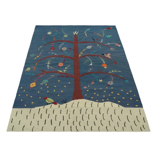 2010s Rug & Kilim’s Suzani Style Kilim in Blue With Polychrome Tree and Bird Pictorial For Sale - Image 5 of 7