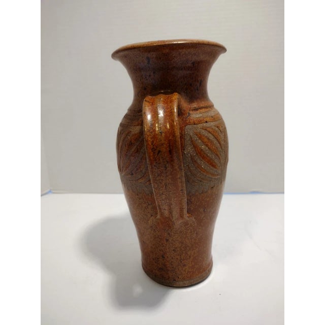 Rustic European Studio Pottery Pitcher With Incised Leaf Decoration and a Speckled Glaze For Sale - Image 3 of 10