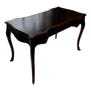 Traditional Leather Embossed Hand Carved Wood Desk by Lillian August For Sale