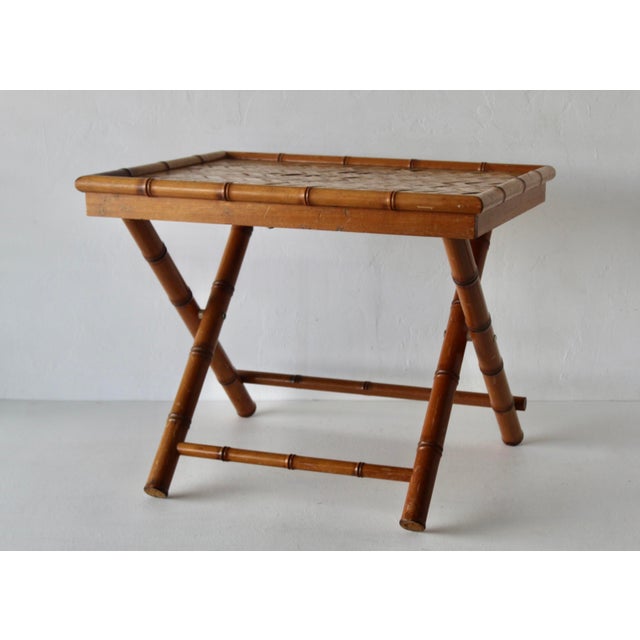 1970s Mid-Century Modern French style handcrafted rectangular bamboo Tilt-Top serving table—decorative, woven top details,...