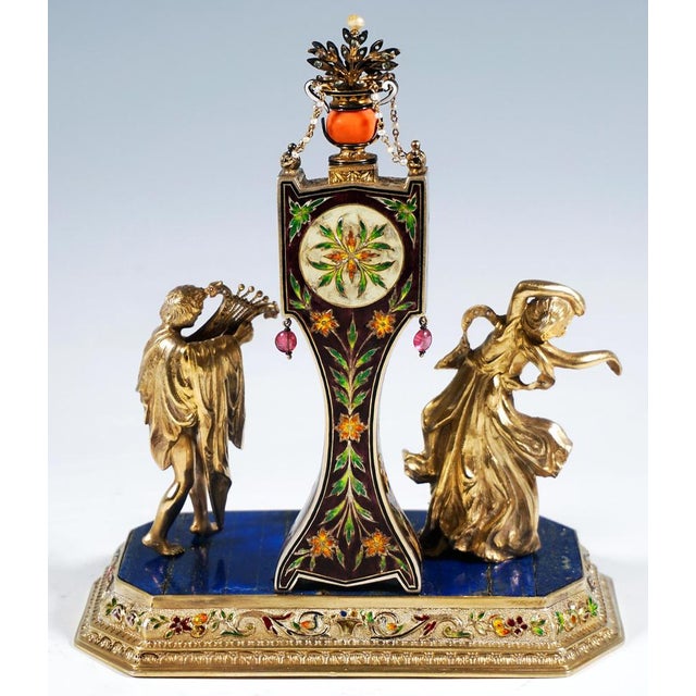 Viennese Glass and Silver Belle Epoque Splendour Clock with Enamel and Gemstones, 1880 For Sale - Image 4 of 16