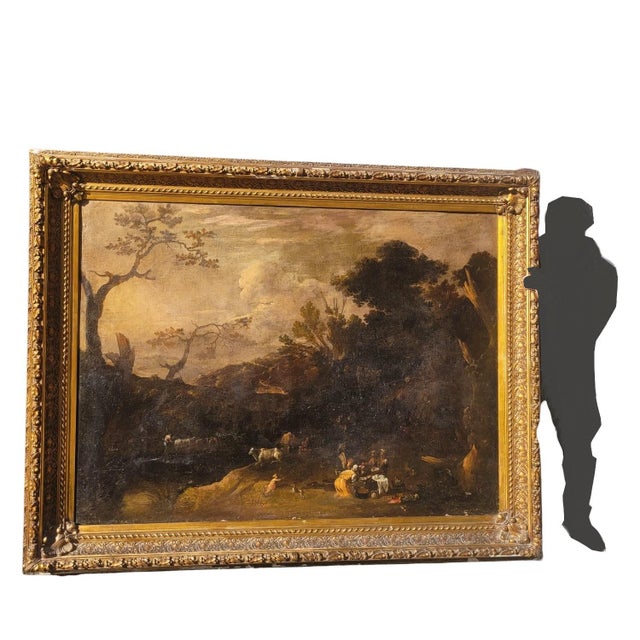 Spectacular framed oil on canvas depicting a lively countryside landscape with animals and figures: a scene in the...