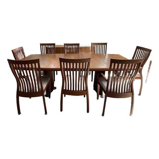 Teak Dining Room Set With 8 Solid Teak Chairs and Hutch, 2 Leaves For Sale