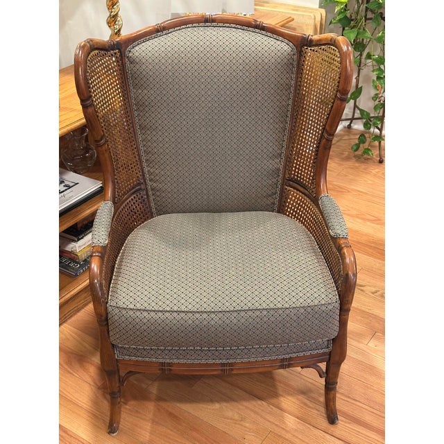 Green Pair Ethan Allen Faux Bamboo Cane Wingback Chairs For Sale - Image 8 of 8