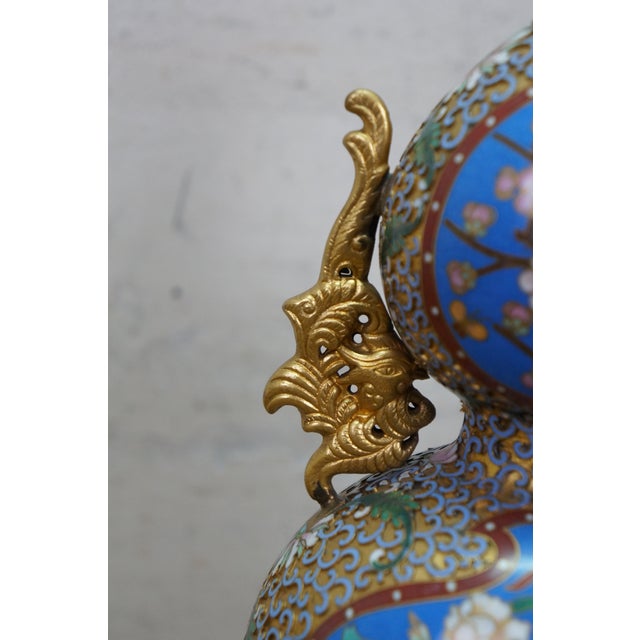 Early 20th Century Antique Chinese Champleve Cloisonne Double Gourd Turquoise Mantel Vases Urns 12" For Sale - Image 5 of 17