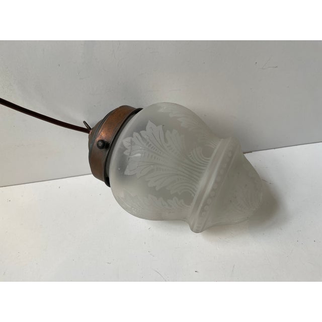 Antique Edwardian Style Etched Glass and Copper Pendant Lights, 1910s, Set of 2 For Sale - Image 6 of 9