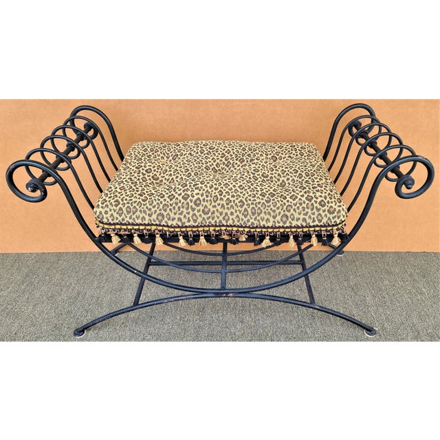 Italian Scrolled Wrought Iron Bench With Tasseled Faux Leopard Cushion For Sale - Image 4 of 10