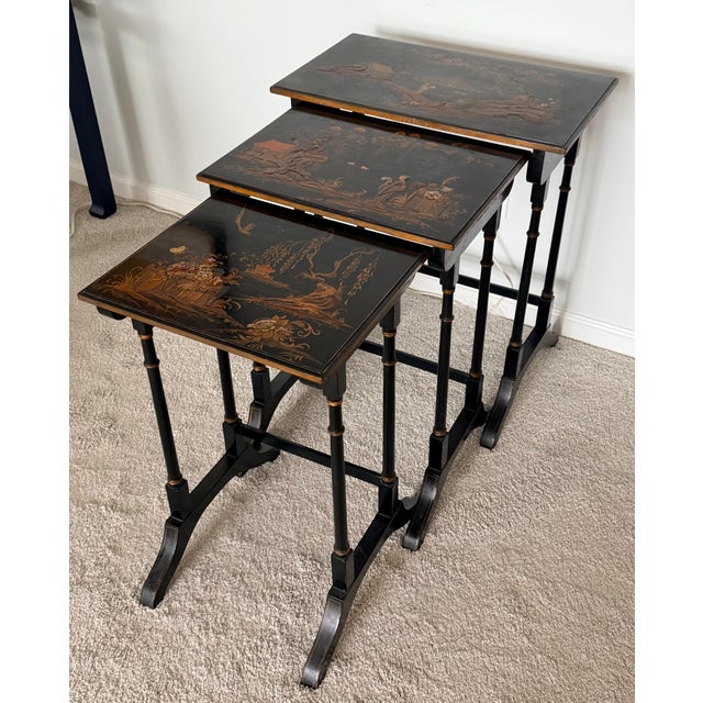 1910s Black Lacquered Chinoiserie Nesting Tables by Beacon Hill For Sale - Image 5 of 18