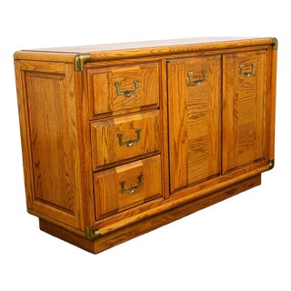 Mid Century Modern Credenza Dresser Cabinet Solid Oak 3 Drawer Wood Brass Trim For Sale