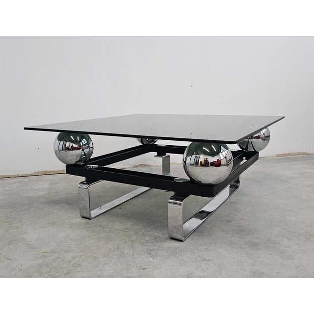 Gold Vintage French Table in Chrome Plated Steel and Tinted Glass, 1970s For Sale - Image 8 of 13