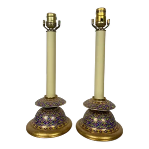 Late 20th Century Cloisonne Base Candlestick Table Lamps - a Pair