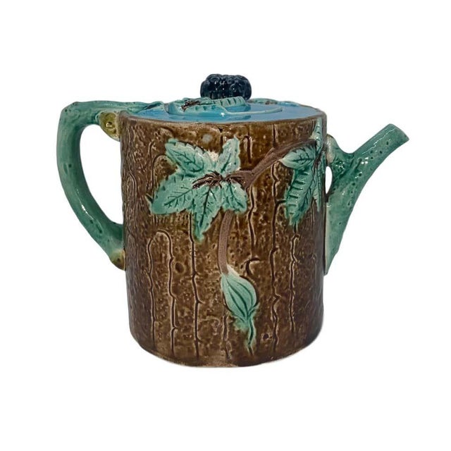 English Holdcroft Majolica Blackberry on Tree Trunk Teapot, Turquoise Blue Cover C. 1877 For Sale - Image 3 of 13