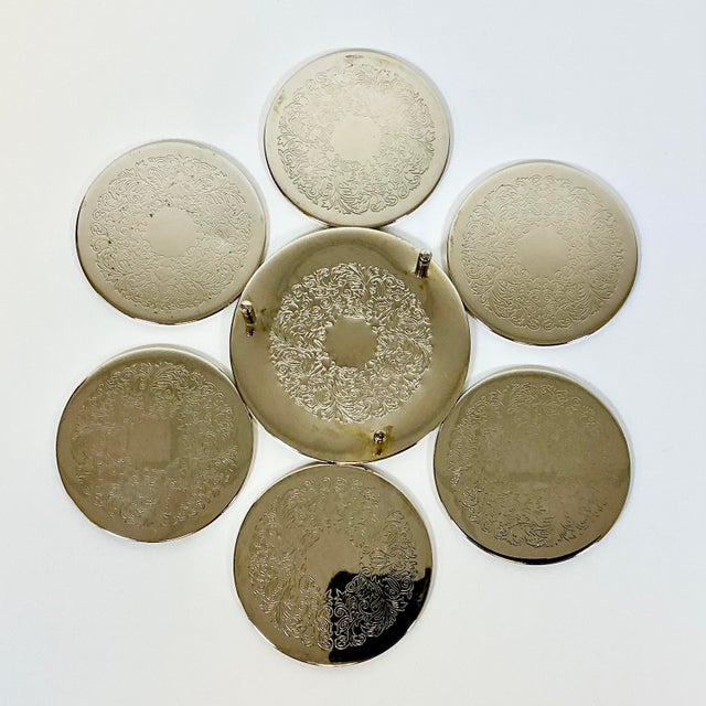 Mid 20th Century Mid 20th Century Hollywood Regency Chippendale Silver Plate Coasters and Caddy - Set of 7 For Sale - Image 5 of 15