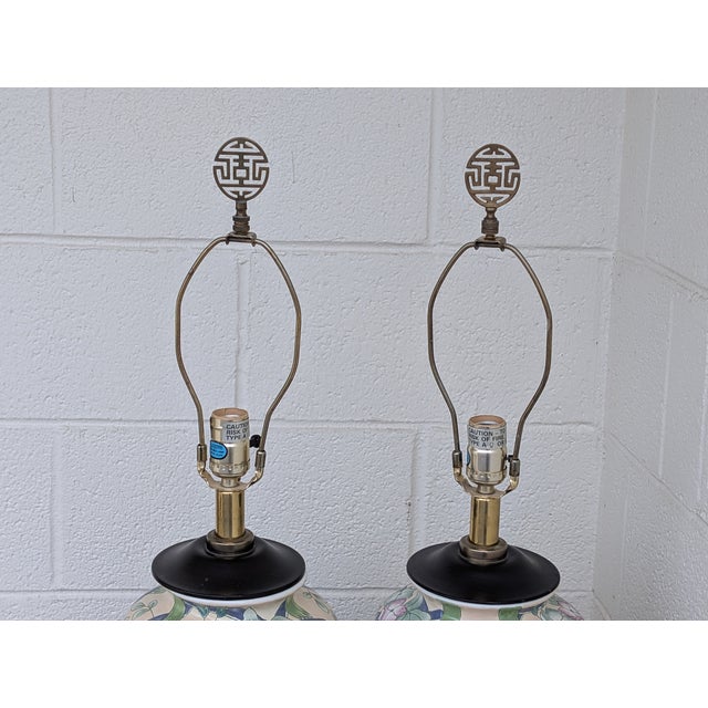 Late 20th Century Vintage Ginger Jar Hand Painted Asian Porcelain With Peonies Design Table Lamp - a Pair For Sale - Image 5 of 7