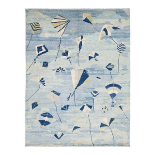 Whimsical Modern Blue & Ivory Kite Motif Hand-Knotted Wool Rug For Sale