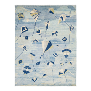 Whimsical Modern Blue & Ivory Kite Motif Hand-Knotted Wool Rug