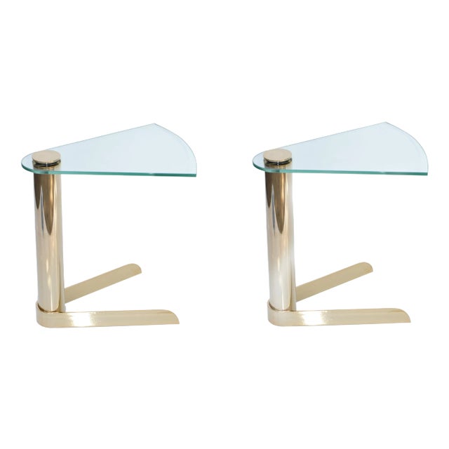 Karl Springer Style Mid-Century Modern Brass & Glass Drink Side Sofa Table - A Pair For Sale
