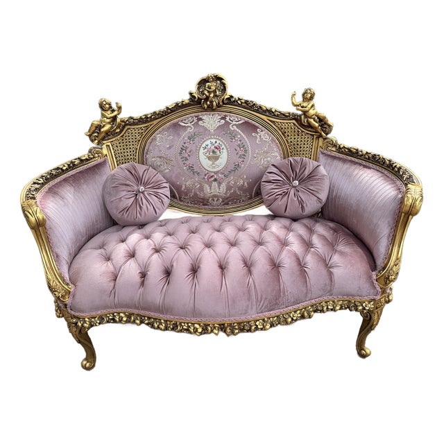 1940 French Louis XVI Gold Beech Rose Velvet Settee For Sale