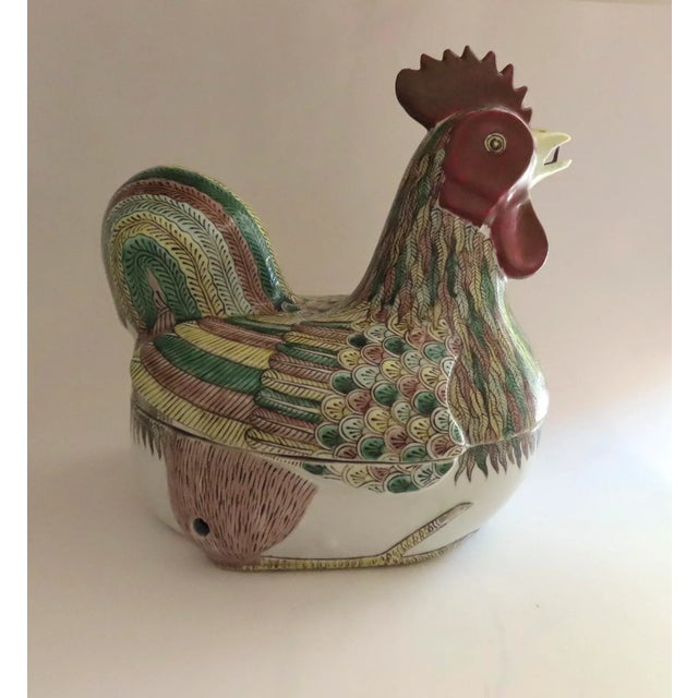 Chinese porcelain chicken tureen or egg holder early 20th century. Rooster chicken tureen with turquoise glazed interior,...