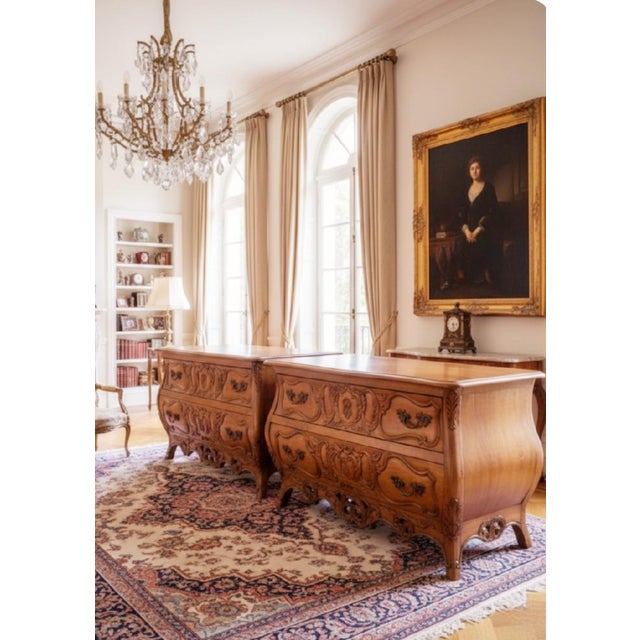 French Provincial Vintage Century Oversized Solid Wood 2 Drawer French Provincial Rococo Carved Bombe Commode- A Pair For Sale - Image 3 of 18