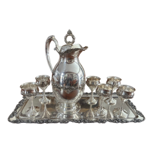 Antique Silverplate Liqueur Service - Ewer, 6 Goblets & Tray - Bacchus Grape - Homan Silver Co. c.1900–1930