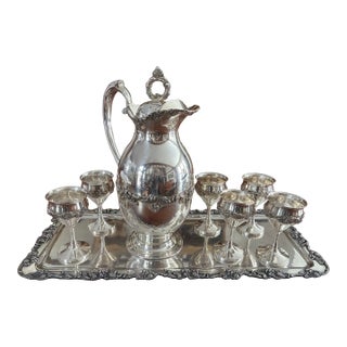 Antique Silverplate Liqueur Set - Pitcher With 6 Goblets & Tray - Bacchus Grape -. c.1900–1930 For Sale