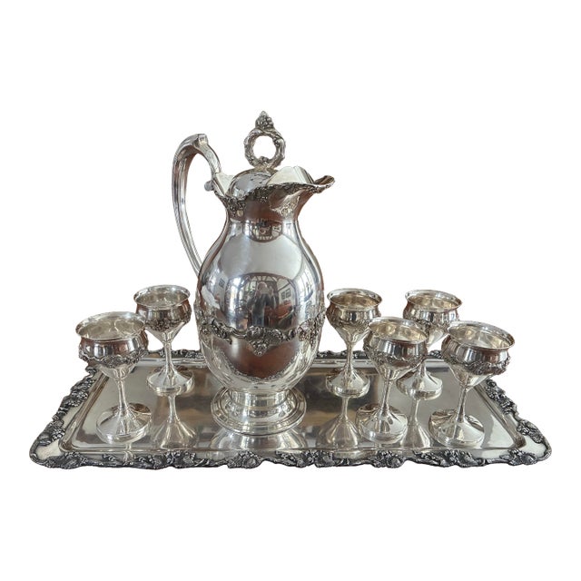 Antique Silverplate Liqueur Set - Pitcher With 6 Goblets & Tray - Bacchus Grape -. c.1900–1930 For Sale
