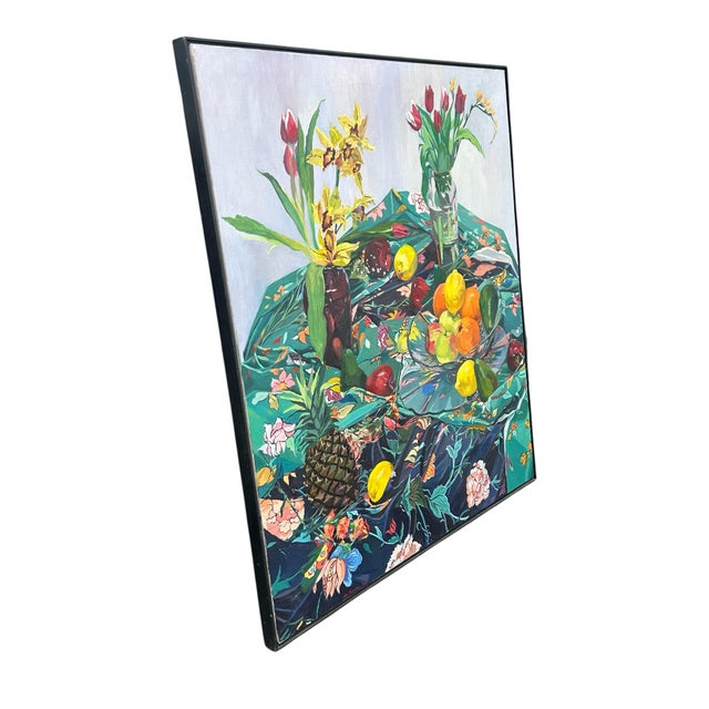 This painting is a large size oil on canvas. The subject matter of fruits and florals come alive set against a wildly...