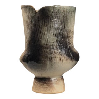 Vintage Japanese Modernist Footed Raku Fired Glazed Ceramic Vessel, Signed For Sale