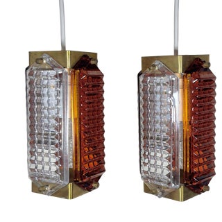 Scandinavian Pendant Lamps in Glass and Brass by Wiktor Berndt for Flygsfors, Sweden, 1960s, Set of 2 For Sale