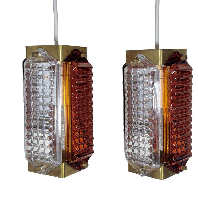 Scandinavian Pendant Lamps in Glass and Brass by Wiktor Berndt for Flygsfors, Sweden, 1960s, Set of 2 For Sale