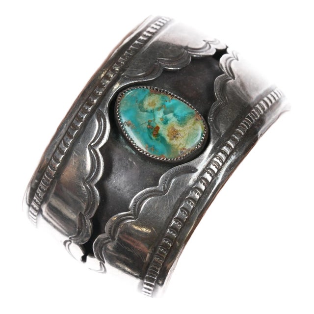 6.25" C1940's Navajo Shadowbox Sterling Cuff Bracelet With Nice Turquoise For Sale