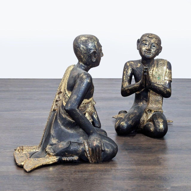 Pair of Thai Carved Teak Gilt Buddhist Monk Figures For Sale - Image 4 of 8