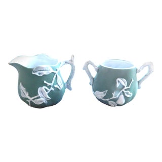 Art Nouveau Green Leafy Floral Pate Sur Pate Creamer and Sugar For Sale