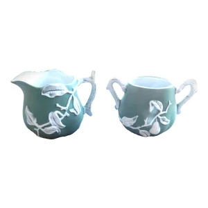 Art Nouveau Green Leafy Floral Pate Sur Pate Creamer and Sugar
