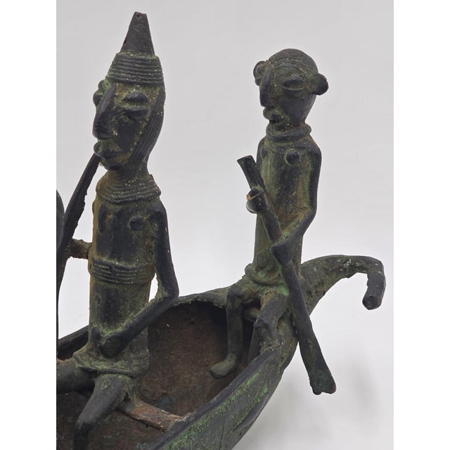 Authentic Mid Cent. 16" Benin Bronze Boat Sculpture African Tribal Lost Wax Art For Sale - Image 16 of 18