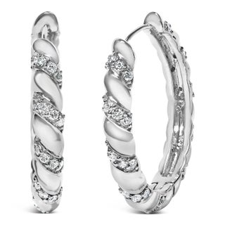 14K White Gold 1 1/5 Cttw Lab Grown Diamond Swirl Design 1" Inch Hoop Earrings (F-G Color, VS1-VS2 C For Sale