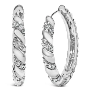 14K White Gold 1 1/5 Cttw Lab Grown Diamond Swirl Design 1" Inch Hoop Earrings (F-G Color, VS1-VS2 C