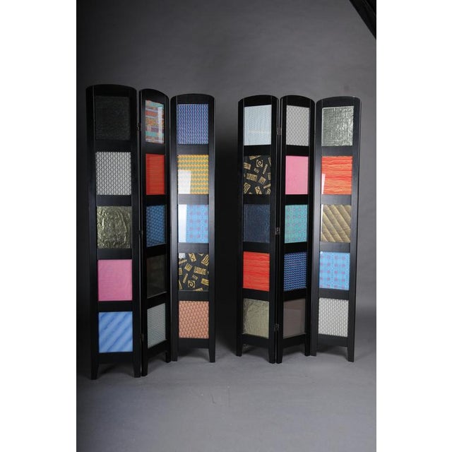 Pair (2) Exceptional multi-colored ebonized room divider/screen. Solid wood, blackened and glazed with various colored...