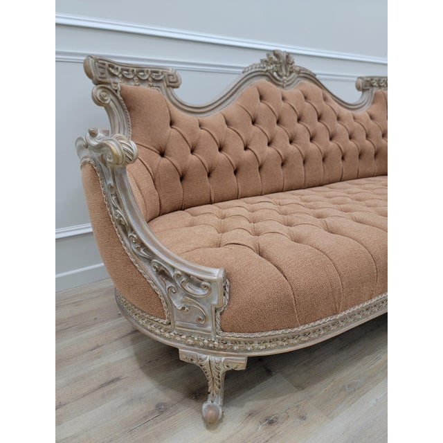 Vintage French Rococo Sofa – Tufted Louis XV Style Couch in Textured Linen Fabric, Ornate Carved Wood Settee, Warm Terracotta For Sale - Image 9 of 11